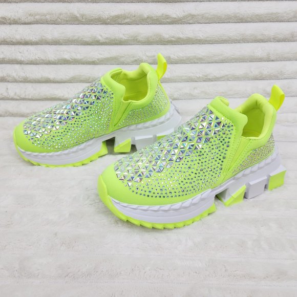 Presto Light Weight Slip on Neon Yellow Rhinestone Sneakers - Running Shoes J - Picture 11 of 14